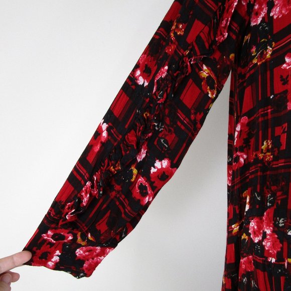 Asos Red Black Floral Plaid Long Sleeve Midi Dress 8 - Picture 5 of 13